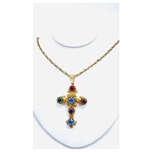 Miriam Haskell Vintage Jeweled Cross Pendant & Necklace Euc